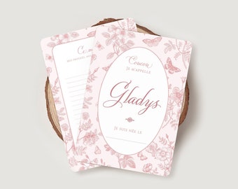 Cartes étapes bébé toile de jouy - Carte personnalisée avec prénom bébé - Cartes étapes première année fille ou garçon - GLADYS