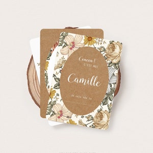 Cartões de marcos de bebê com flores vintage, primeiro ano de bebê, cartão personalizado com o primeiro nome do bebê - CAMILLE
