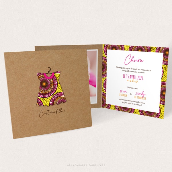 Faire-part naissance africain fille, petite robe wax fond kraft, avec photo, couleurs du motif modifiables