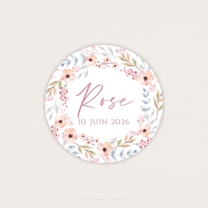 Adesivo per battesimo bambina con fiori pastello acquerellati, etichetta autoadesiva con il nome della bambina per busta o regalo per gli ospiti - ROSA