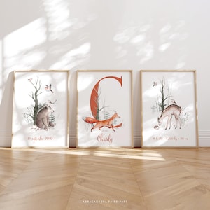 Pósteres personalizados para niños con animales del bosque, set de 3 carteles de osos, zorros y ciervas