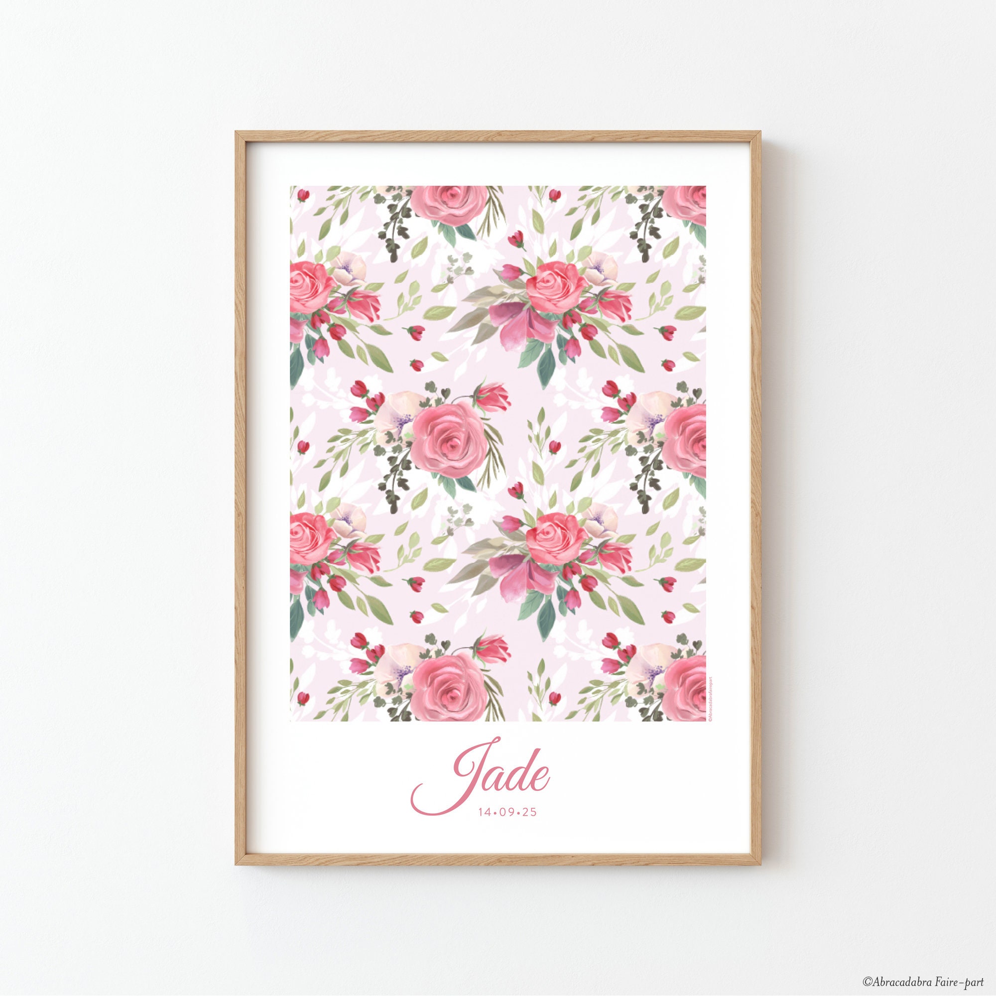 Affiche Personnalisée Pour Chambre de Bébé ou d'enfant, Fille, avec Motif à Fleurs Roses en Aquarell