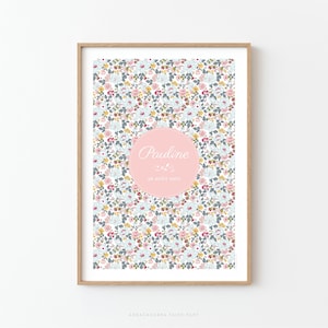 Affiche personnalisée Liberty Betsy Porcelaine, Affiche chambre enfant fleurs rose et bleu - PAULINE