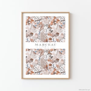 Poster per bambini del bosco, con nome, animali del bosco e vegetazione, colori autunnali, ideale per la cameretta dei neonati