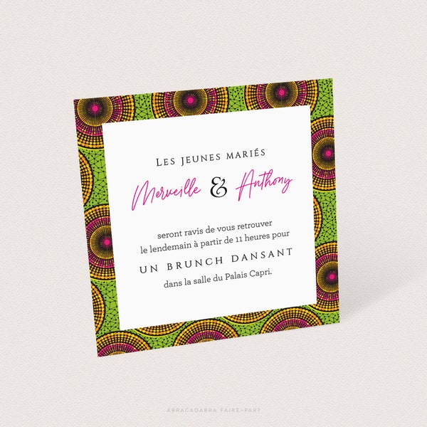 African wedding invitation card, wedding response card, wax pattern, pink, yellow and green