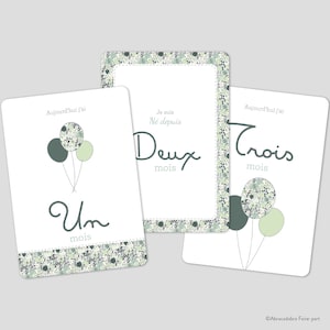 Cartes étapes bébé garçon Ballons et motif fleuri vert | Cartes première ou deuxième année de bébé | Cadeau grossesse - cadeau naissance
