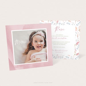 Rosa Aquarell Mädchen Taufe Dankeschön-Karte, Pastell Aquarell Blumenmuster Mädchen Geburt Dankeschön-Karte - PINK