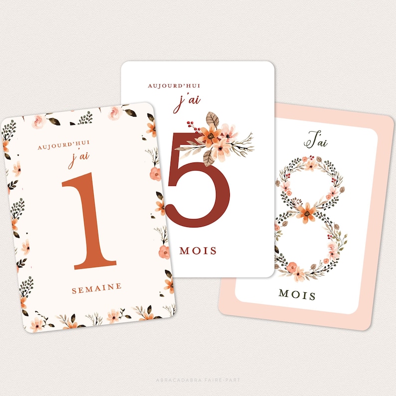 Cartes étapes bébé fleuries, avec couronne et fleurs façon aquarelle - Pour première année, deuxième année ou troisième année - EVA image 2