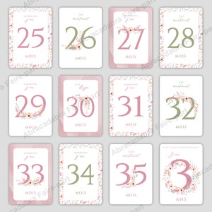 Cartes étapes bébé fleurs pastel aquarelle - Pack 1ère année, avec carte personnalisée avec prénom de bébé, pack 2e et 3e année - ROSE Troisième année