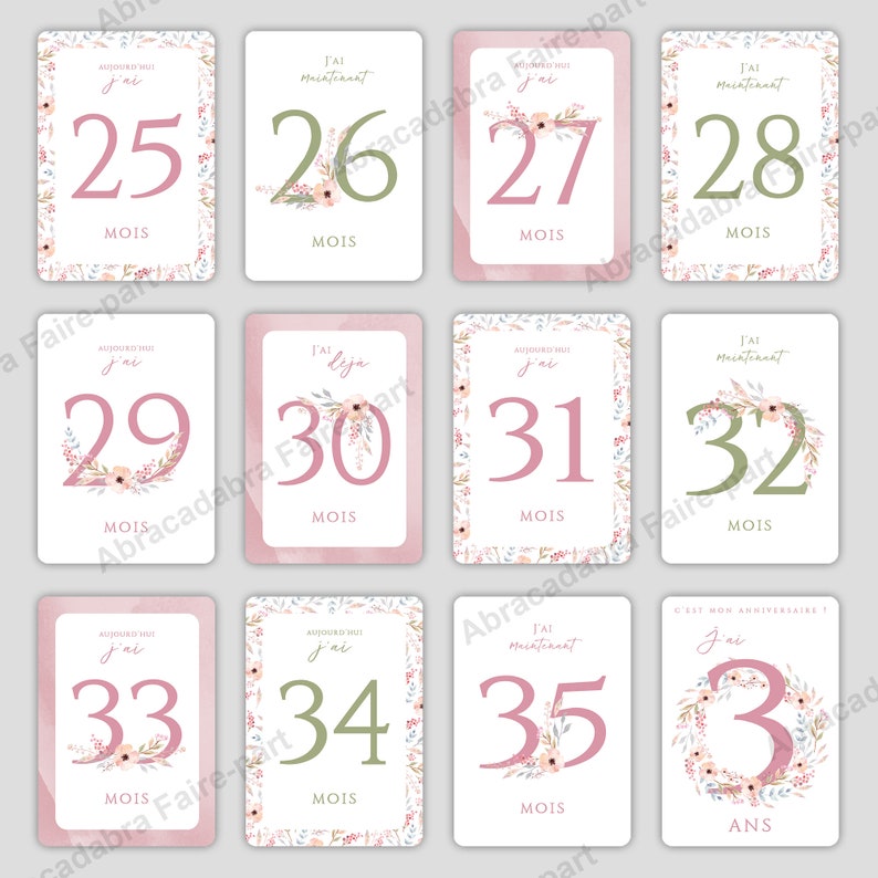 Cartes étapes bébé fleurs pastel aquarelle - Pack 1ère année, avec carte personnalisée avec prénom de bébé, pack 2e et 3e année - ROSE Troisième année