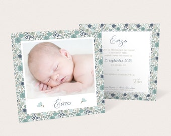 Birth announcement for boy with Liberty blue and green flowers, photo possible