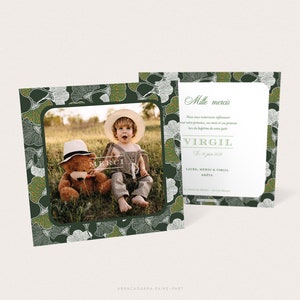 Carte de remerciement wax, pour naissance ou baptême, avec motif africain vert et orange et photo, pour fille ou garçon