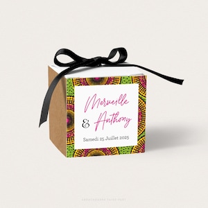 Boîte personnalisée pour mariage, thème Afrique, motif wax et kraft | Cadeau original pour invités mariage