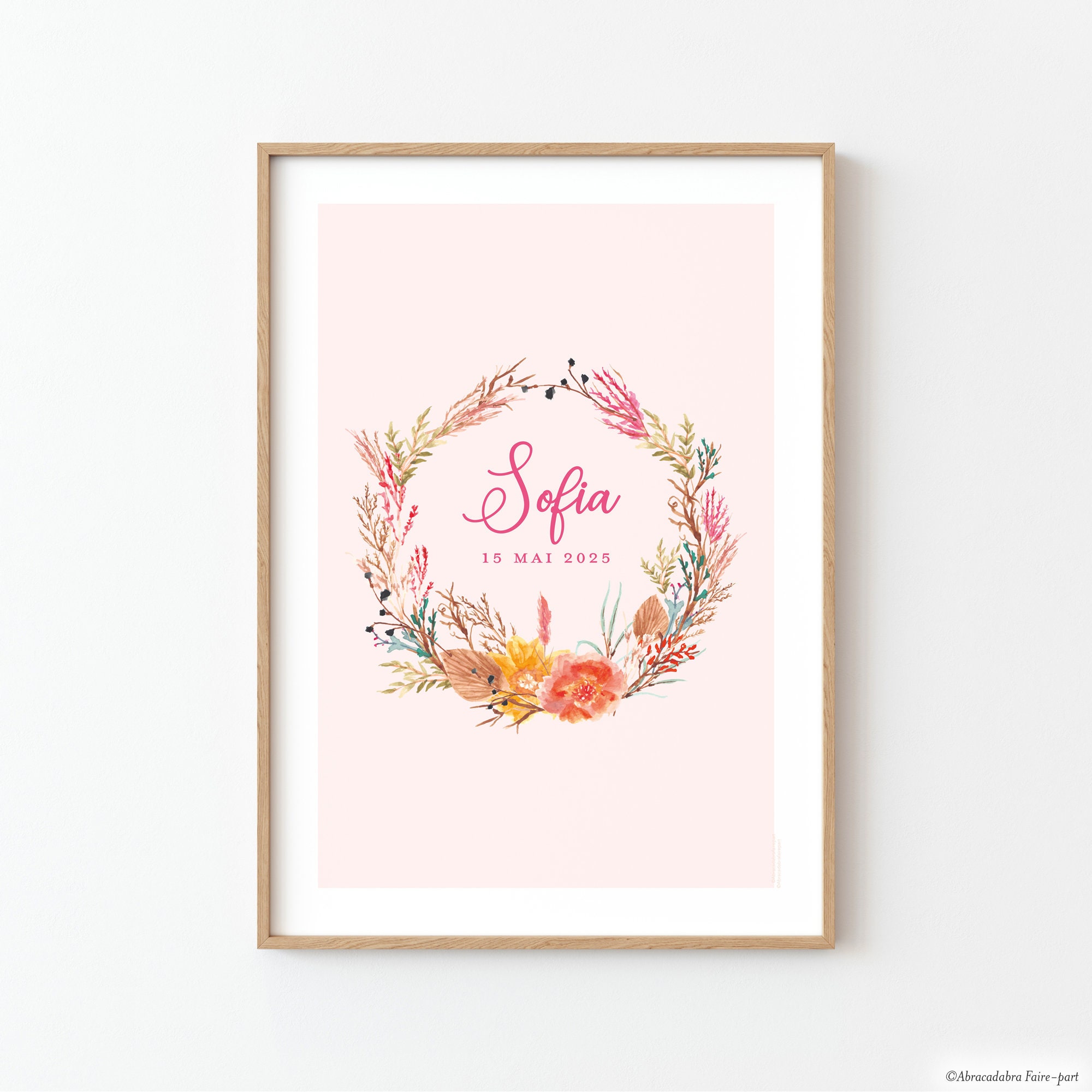 Affiche Naissance Personnalisée Pour Chambre de Bébé ou d'enfant, Fille, avec Couronne Fleurs Séchée