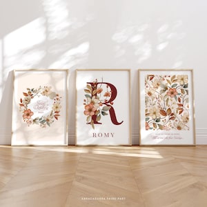 Carteles infantiles de flores silvestres, set de 3 carteles personalizados con letra floral, corona de flores y motivo de flores silvestres - ROMY