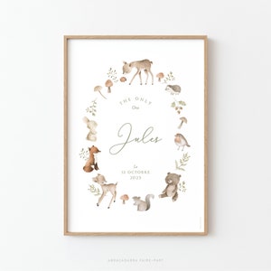 Watercolor forest animal poster for baby or child's room | Forest animal baptism poster - JULES