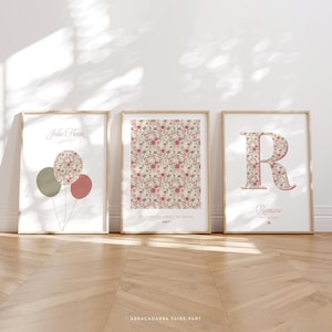 Juego de 3 pósteres con estampado floral estilo Liberty, póster con letras personalizadas, póster de flores boho, póster de globos florales - ROMANE