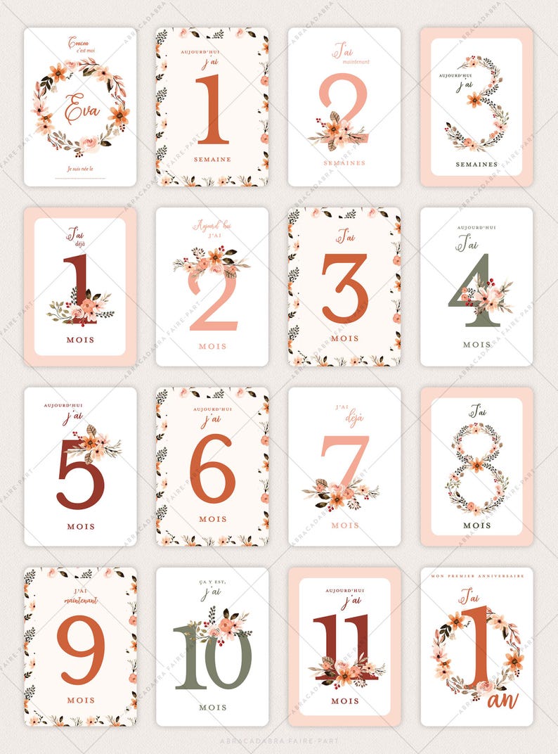 Cartes étapes bébé fleuries, avec couronne et fleurs façon aquarelle - Pour première année, deuxième année ou troisième année - EVA image 3