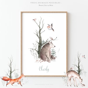 Póster de nacimiento de animales del bosque con oso, zorro o cierva y texto para habitación de bebé o niño