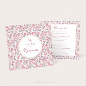 Geburtsanzeige für Mädchen im Liberty-Stil mit rosa Blumen, Taufeinladung mit altrosa und puderrosa Blumenmuster - ROMANE