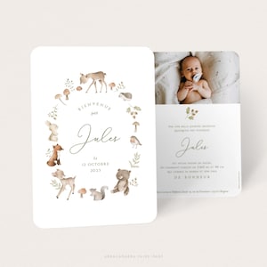 Forest animal birth announcement for boys, Animal baptism announcement for boys, Boy baptism invitation - JULES