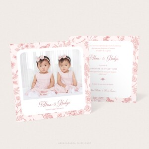 Toile de Jouy birth thank you card, Baptism thank you cards with butterflies and flowers, pink, green, blue or ochre - GLADYS