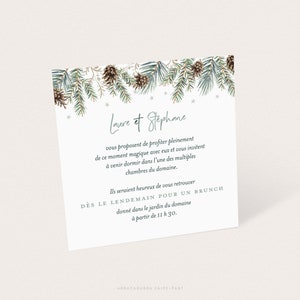 Carte pour faire-part de mariage hiver avec branches de sapin et pommes de pin | Carte d'invitation mariage hiver
