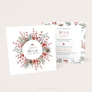 Faire-part fille thème hiver avec pommes de pin et houx, pour naissance ou baptême - MILA