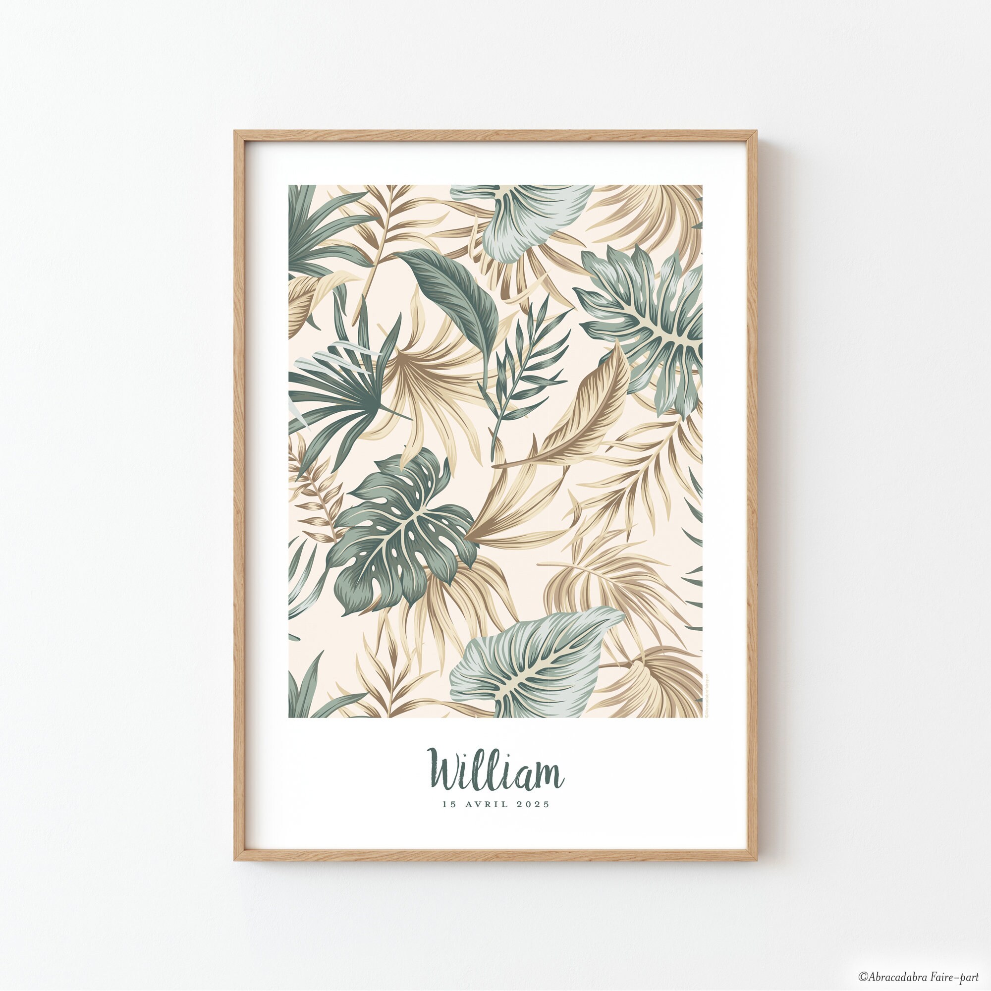 Affiche Naissance Personnalisée Pour Chambre de Bébé ou d'enfant, avec Feuillage Vert et Beige, Ambi