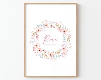 Affiche enfant fleurs pastel façon aquarelle pour chambre de fille - ROSE