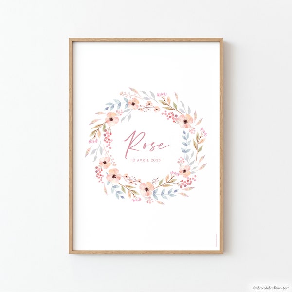 Affiche personnalisée pour chambre de bébé ou d'enfant, pour fille, avec couronne de fleurs façon aquarelle, tons pastel