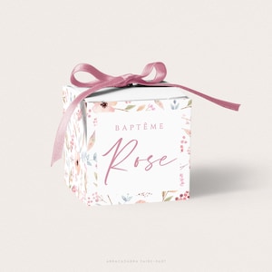 Boîte à dragées baptême fille fleurs aquarelle pastel, Contenant dragées fleuri pour baptême fille, Cadeau invités baptême fille - ROSE