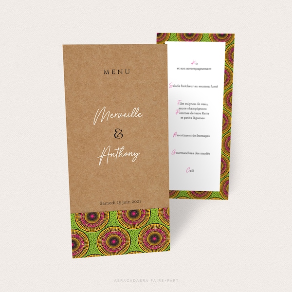 Menu mariage africain, avec fond effet papier cartonné brun façon kraft et motif africain wax, rose, vert et jaune