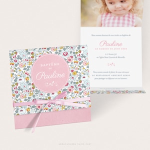 Birth or baptism announcement for a girl: Liberty Betsy porcelain motif, pink and blue flowers - PAULINE
