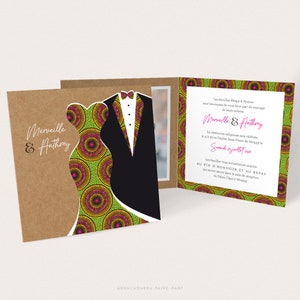 Invito a nozze africane con abito da sposa e abito Wax