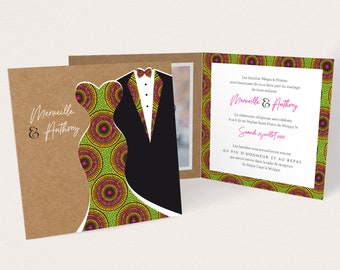 African wedding invitation with wedding dress and Wax suit, kraft background, with photo, ideal African wedding or mixed wedding