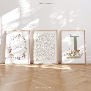 Pósteres infantiles de animales del bosque con estampado de letras, plantas verdes y animales, juego de 3 carteles para habitación infantil - JULES
