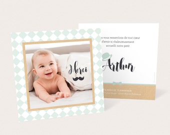 Boy's birth or baptism thank you card, with photo on water green and kraft check pattern, with mustache and bowler hat