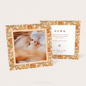 Carte de remerciement fille, pour naissance ou baptême, avec photo sur fond fleuri façon toile de jouy élégante, terracotta et vert olive
