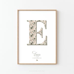 Póster infantil personalizado con letra floral estilo Liberty verde y beige, Póster inicial para nombre de niño, Regalo de nacimiento para niño - ENZO