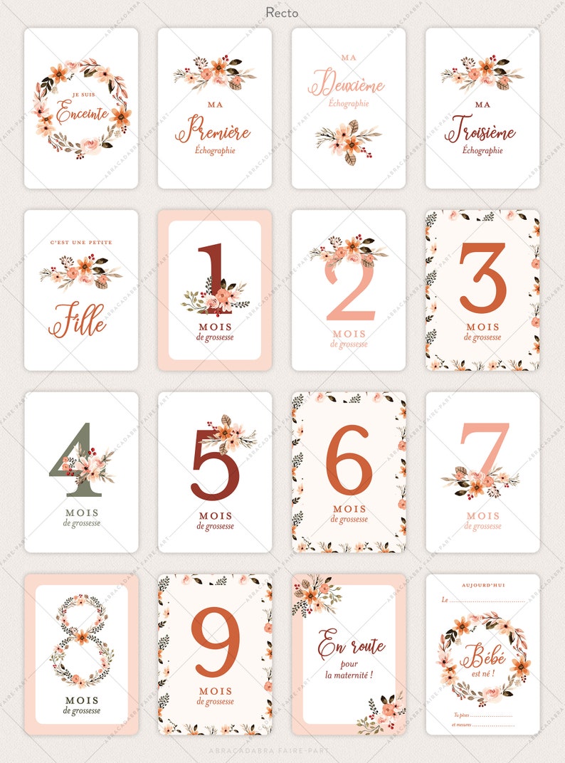 Cartes étapes grossesse fleuries, avec couronne et fleurs façon aquarelle - 20 cartes à photographier ! - EVA image 3