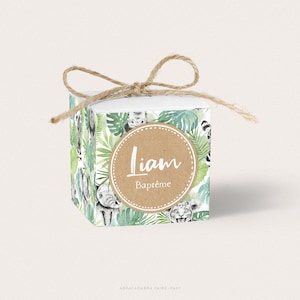 Boîte dragées baptême garçon jungle et animaux de la savane, contenant pour dragées baptême, cadeau invités baptême safari