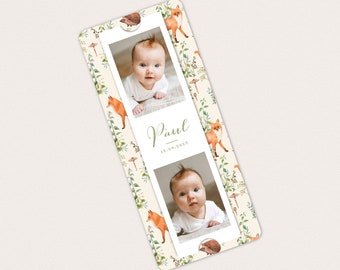 Fox boy birth announcement, with photo booth style photos, bookmark format