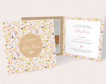 Girl's pastel flower announcement in Liberty and kraft style, for baptism or birth