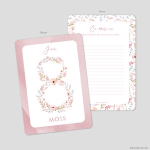 Carte étapes fille avec chiffre composé de fleurs aquarelle pastel au recto et fleurs aquarelle au verso