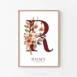 Letter poster decorated with flowers for children's room, vintage chic or boho style