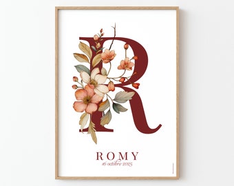 Letter poster decorated with flowers for children's room, vintage chic or boho style