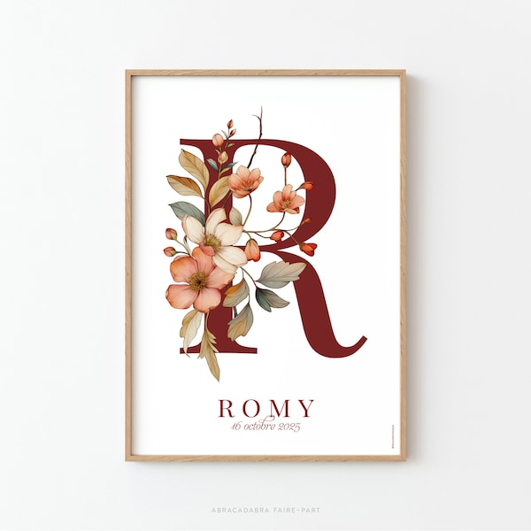 Affiche lettre décorée avec des fleurs pour chambre d'enfant, style vintage chic ou bohème