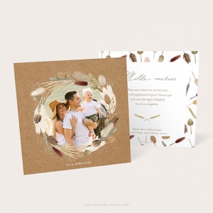 Carte de remerciement garçon fleurs séchées pour naissance ou baptême