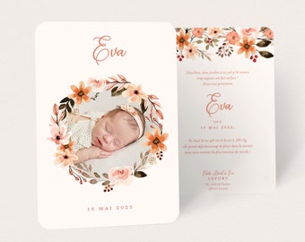 Birth announcement for girl with watercolor flowers in wreath